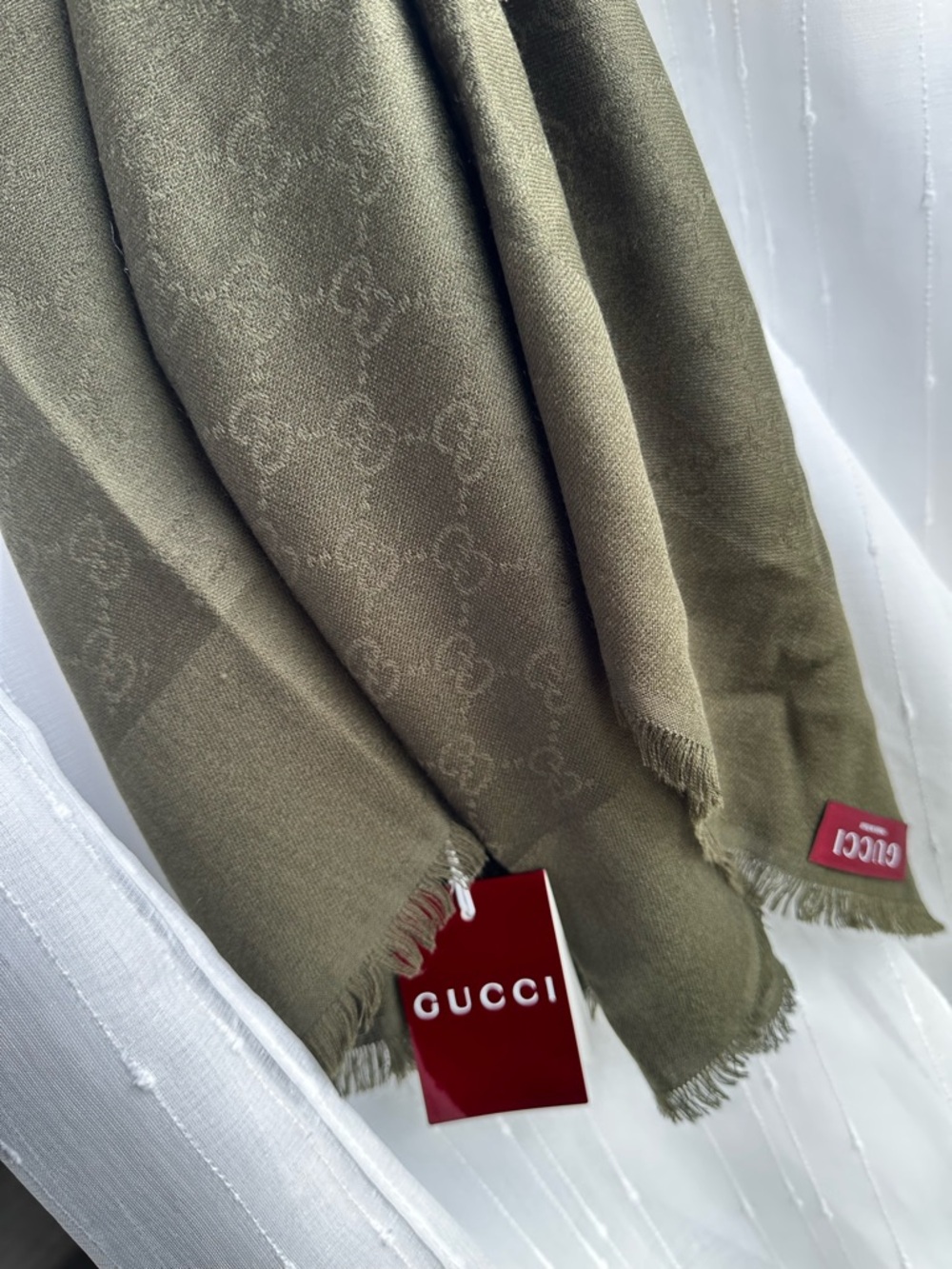 Gucci GG Jacquard Wool Silk Oversized Shawl Scarf Olive Green(125x125cm)